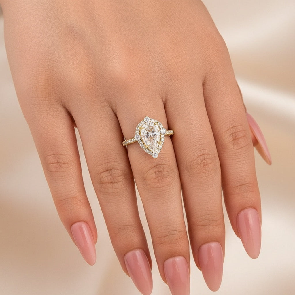Aurevyn Moissanite 2.5 Ct Halo Pear Cut Yellow Gold Travel Ring