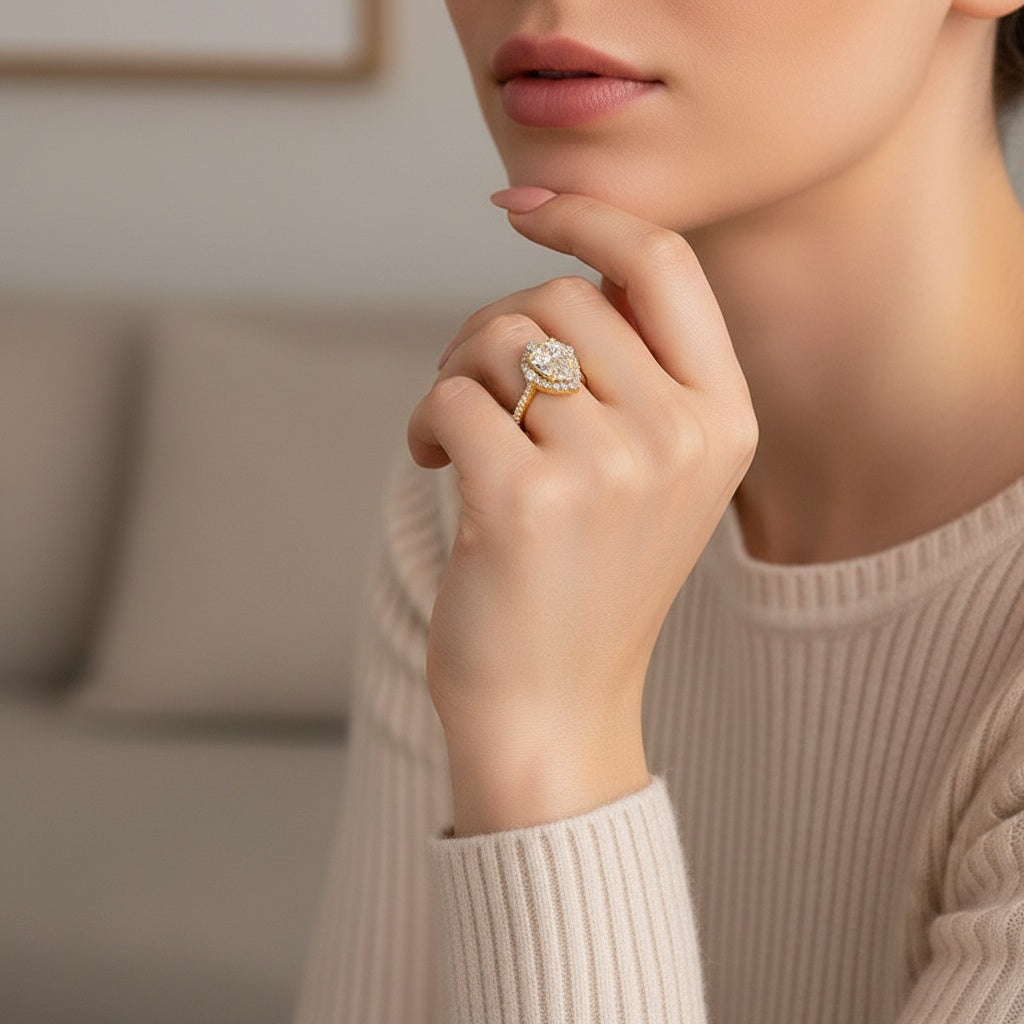 Aurevyn Moissanite 2.5 Ct Halo Pear Cut Yellow Gold Travel Ring