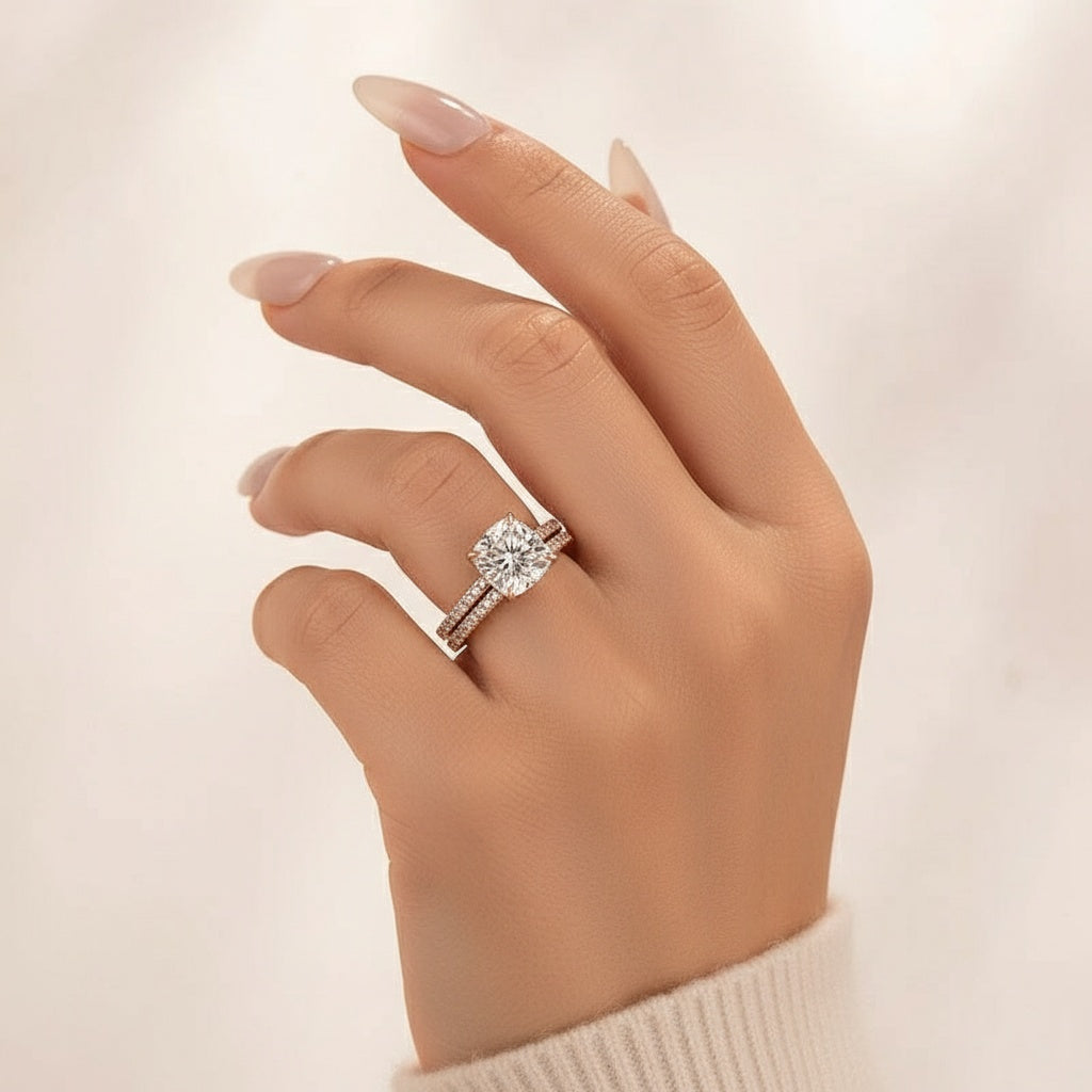 Aurevyn Moissanite 2.5Ct Cushion Cut Rose Gold Bridal Wedding Ring Set