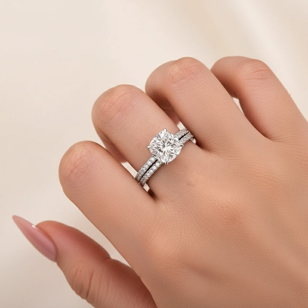 Aurevyn Moissanite 2.5Ct Cushion Cut White Gold Bridal Wedding Ring Set