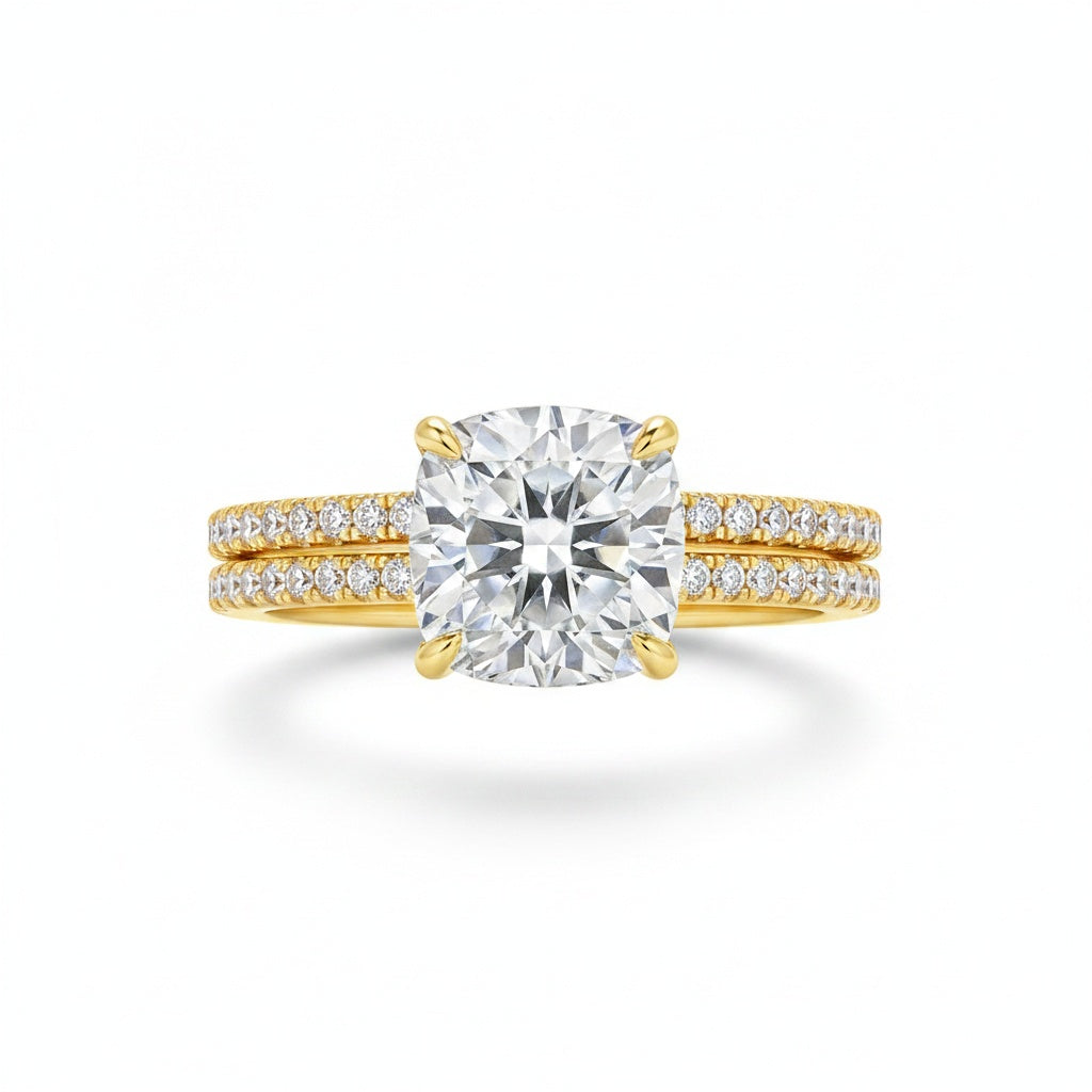 Aurevyn Moissanite 2.5Ct Cushion Cut Yellow Gold Bridal Wedding Ring Set