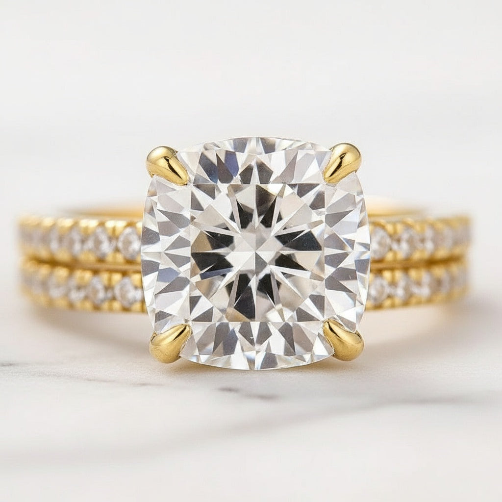 Aurevyn Moissanite 2.5Ct Cushion Cut Yellow Gold Bridal Wedding Ring Set