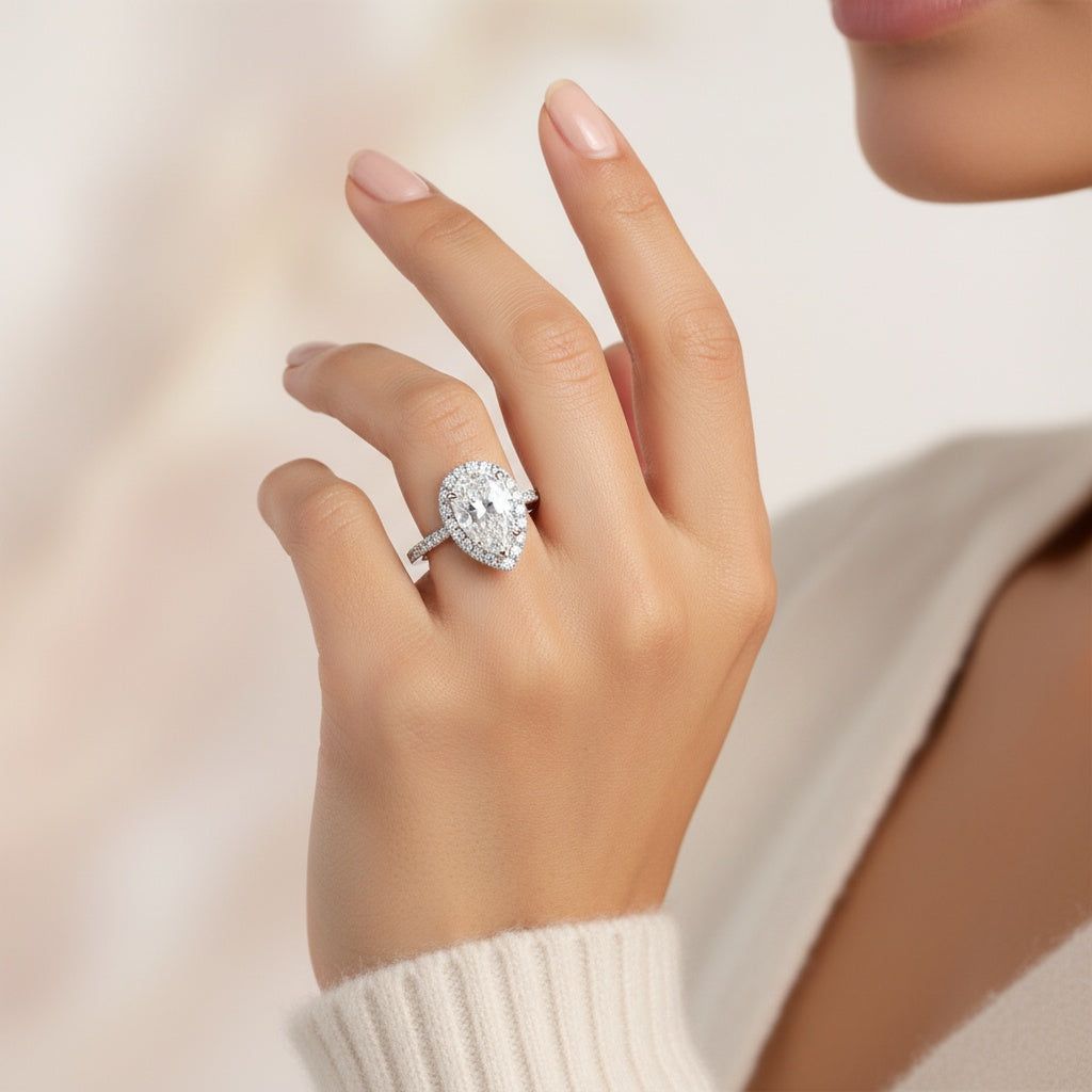 Aurevyn Moissanite 2.5Ct Halo Pear Cut White Gold Engagement Ring With Twist Wedding Ring