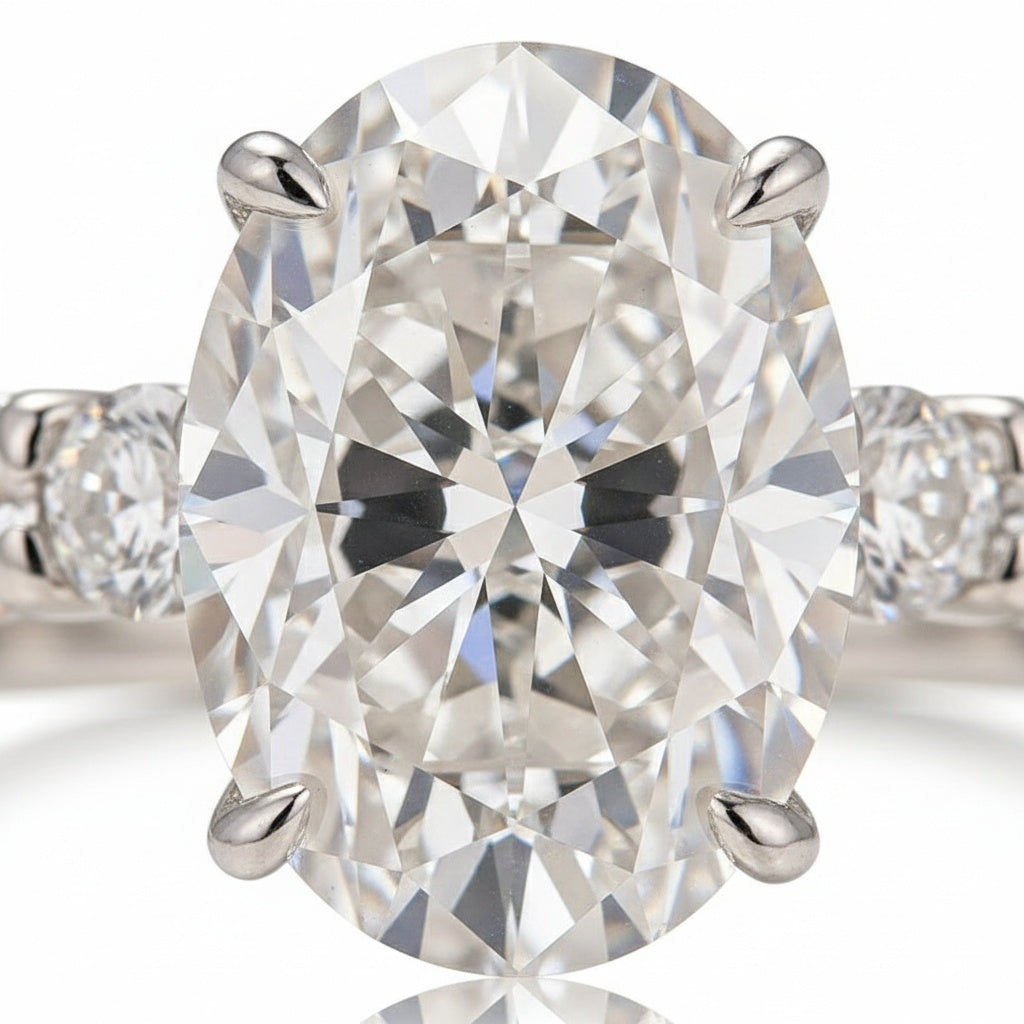 Aurevyn Moissanite 2.5Ct Oval Cut Side Stone White Gold Engagement Ring with Pavé Eternity Ring