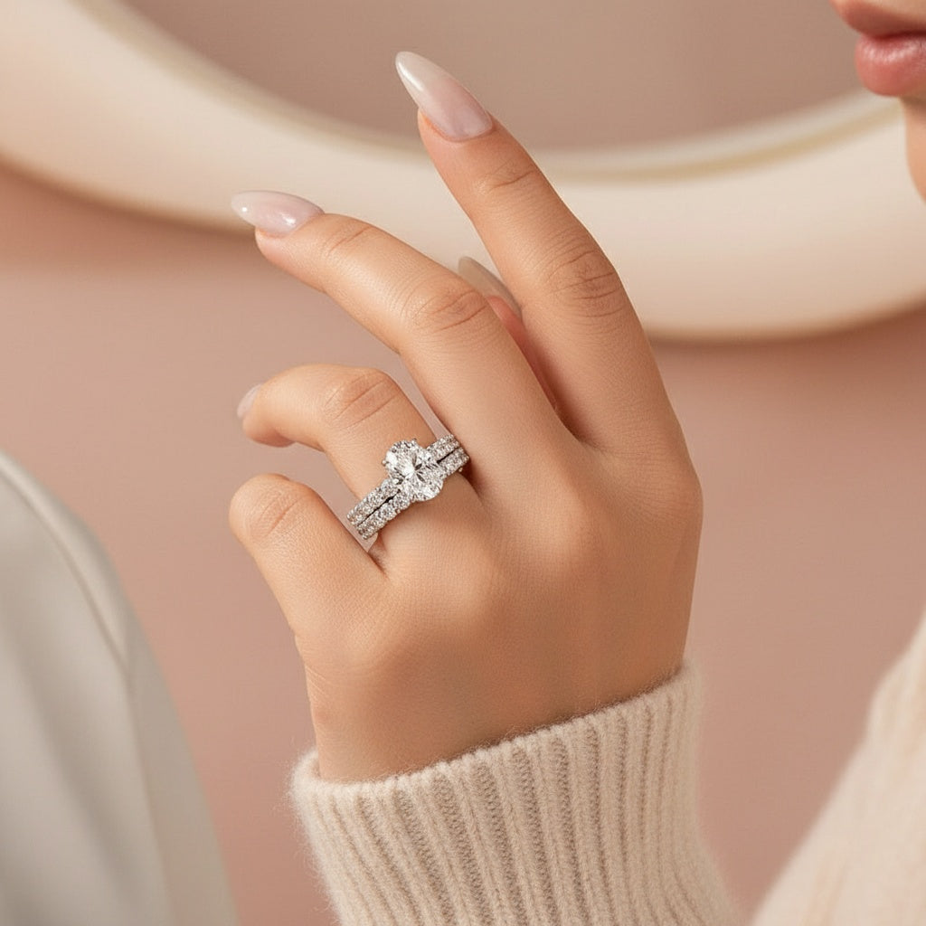Aurevyn Moissanite 2.5Ct Oval Cut Side Stone White Gold Engagement Ring with Pavé Eternity Ring