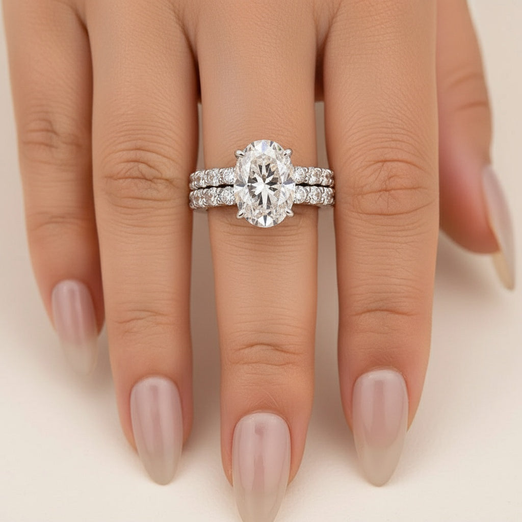 Aurevyn Moissanite 2.5Ct Oval Cut Side Stone White Gold Engagement Ring with Pavé Eternity Ring