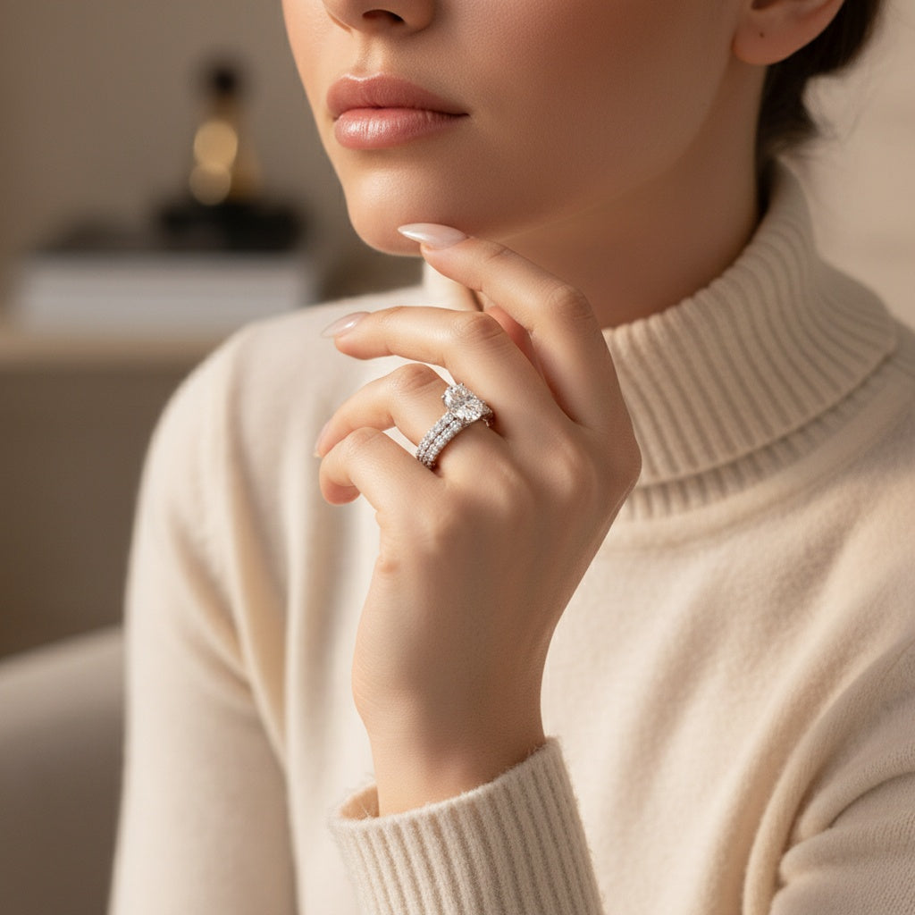 Aurevyn Moissanite 2.5Ct Oval Cut Side Stone White Gold Engagement Ring with Pavé Eternity Ring