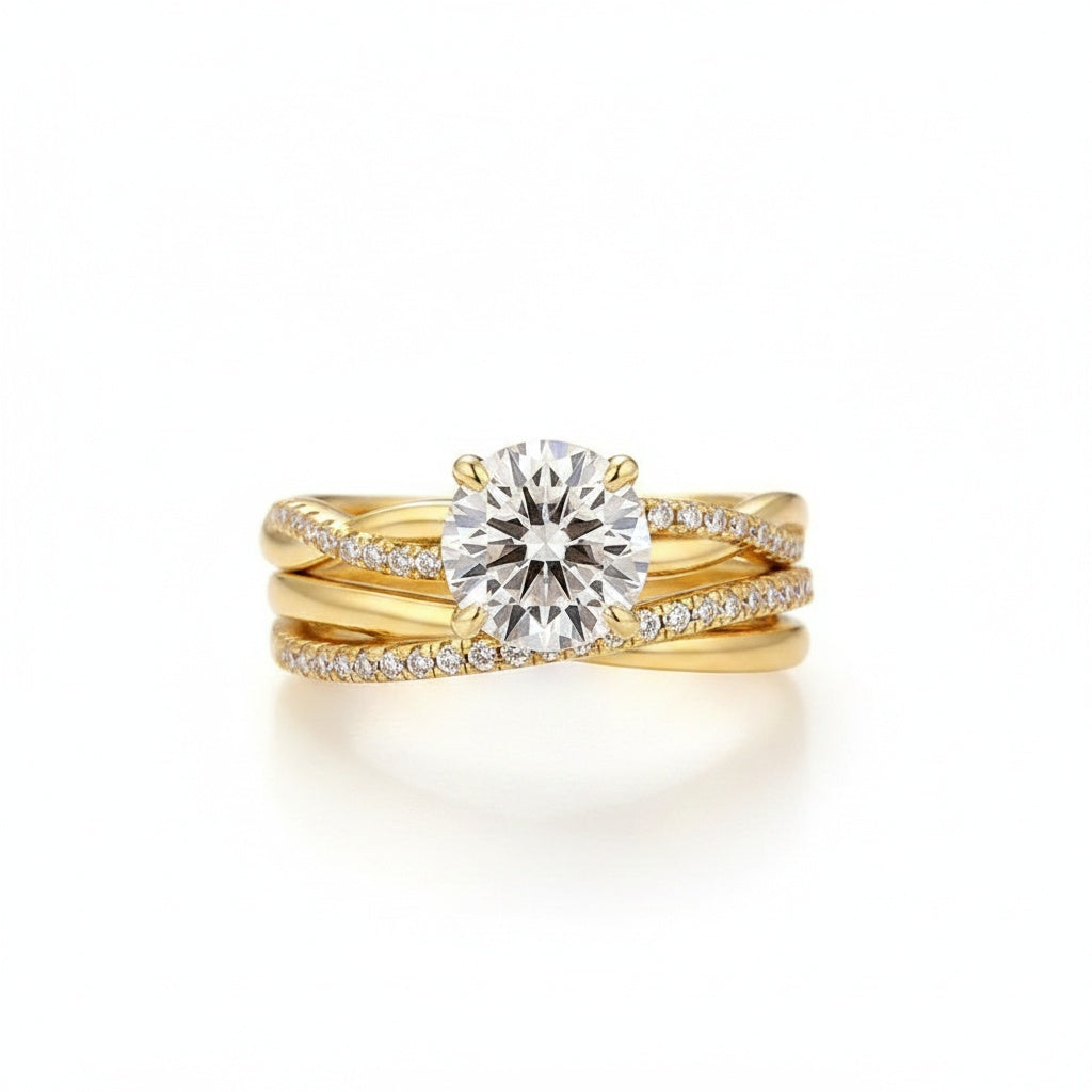 Aurevyn Moissanite 2PC 2.0 Ct Round Cut Twist Yellow Gold Wedding Ring Set For Women