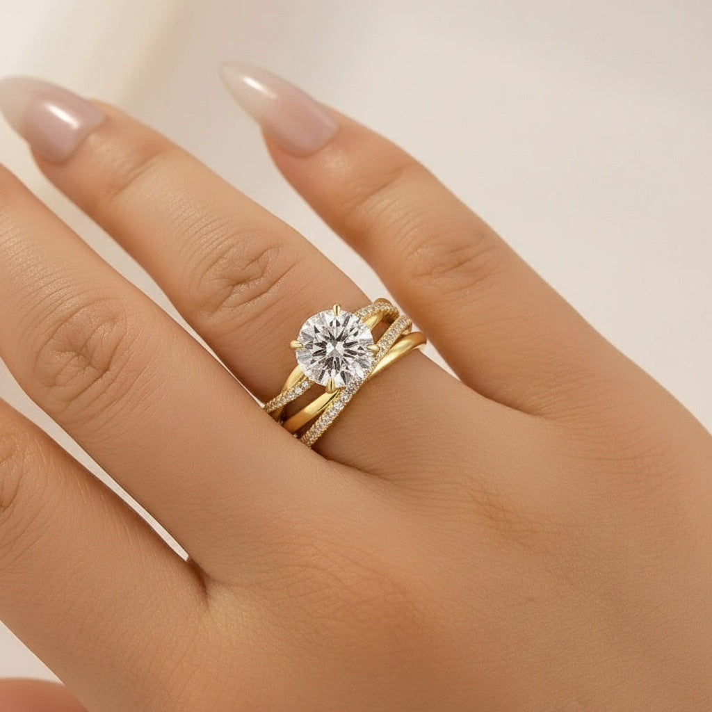Aurevyn Moissanite 2PC 2.0 Ct Round Cut Twist Yellow Gold Wedding Ring Set For Women