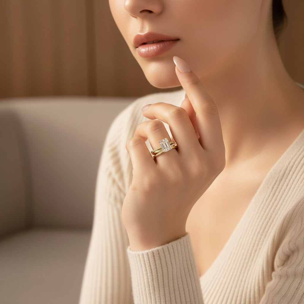 Aurevyn Moissanite 2PC 3.5 Ct Radiant Cut/Emerald Cut Twist Yellow Gold Wedding Ring Set For Women