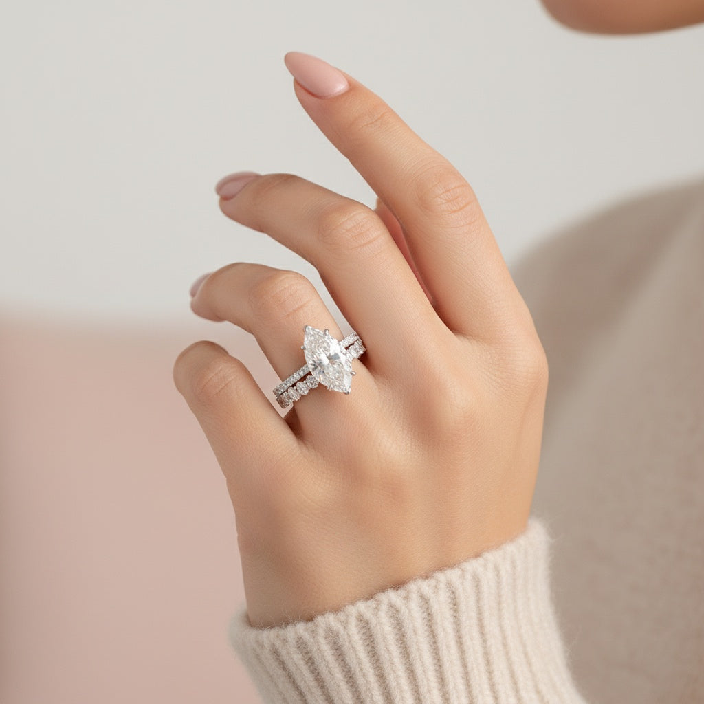 Aurevyn Moissanite 2PC 4.0 Ct Marquise Cut White Gold Bridal Ring Set with Oval Cut Wedding Band