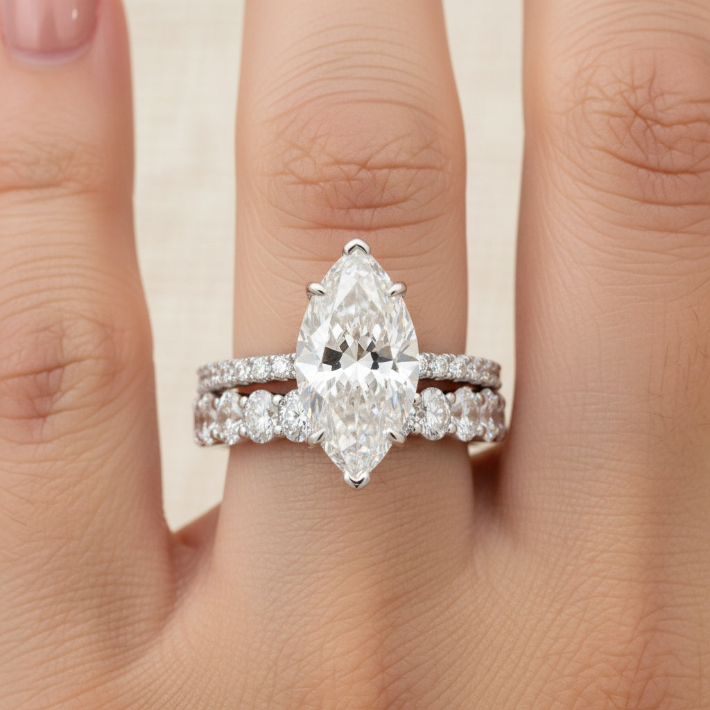Aurevyn Moissanite 2PC 4.0 Ct Marquise Cut White Gold Bridal Ring Set with Oval Cut Wedding Band
