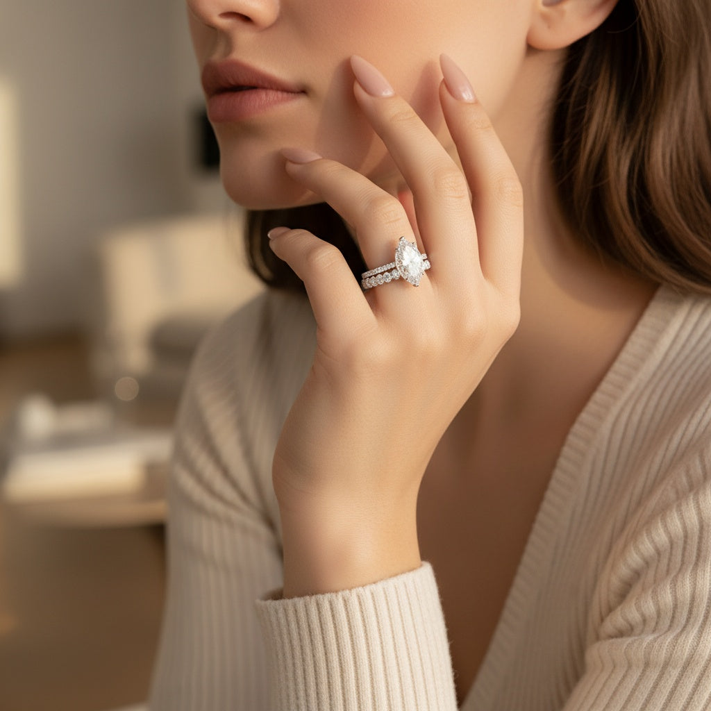 Aurevyn Moissanite 2PC 4.0 Ct Marquise Cut White Gold Bridal Ring Set with Oval Cut Wedding Band