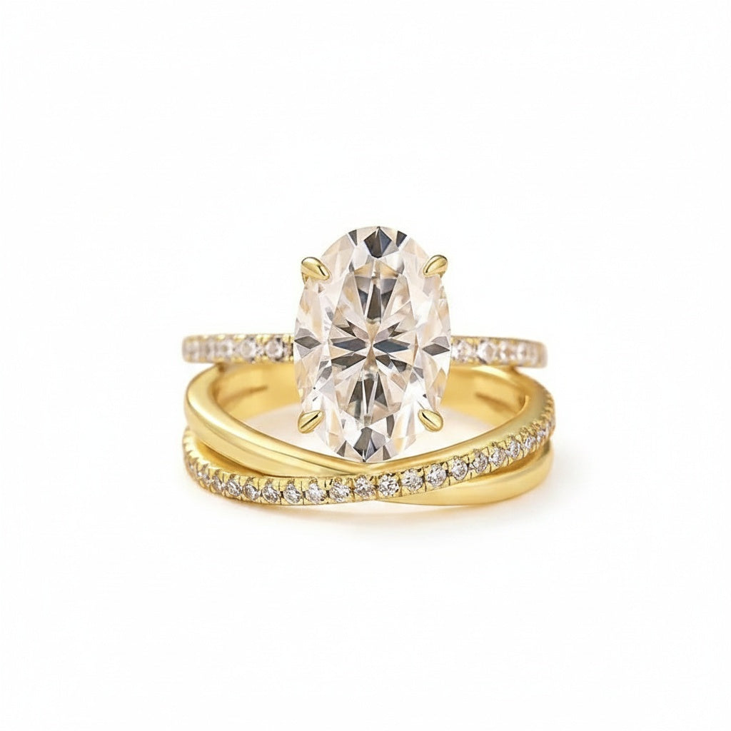 Aurevyn Moissanite 2PC 4.0 Ct Oval Cut Twist Yellow Gold Wedding Ring Set For Women
