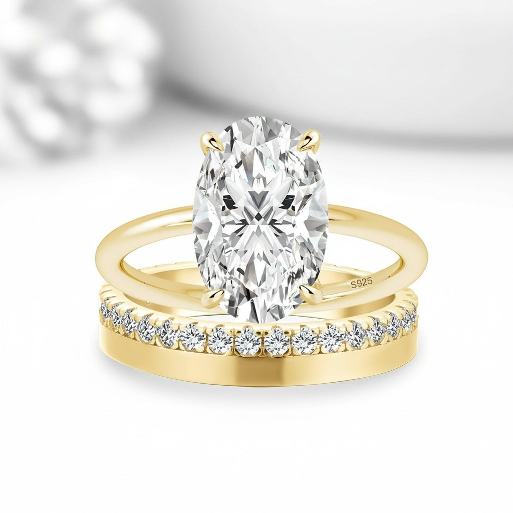 Aurevyn Moissanite 2PC 5.5Ct/4.0Ct Oval Cut Hidden Halo Engagement Ring With Round Cut Wedding Band Wedding Ring Set