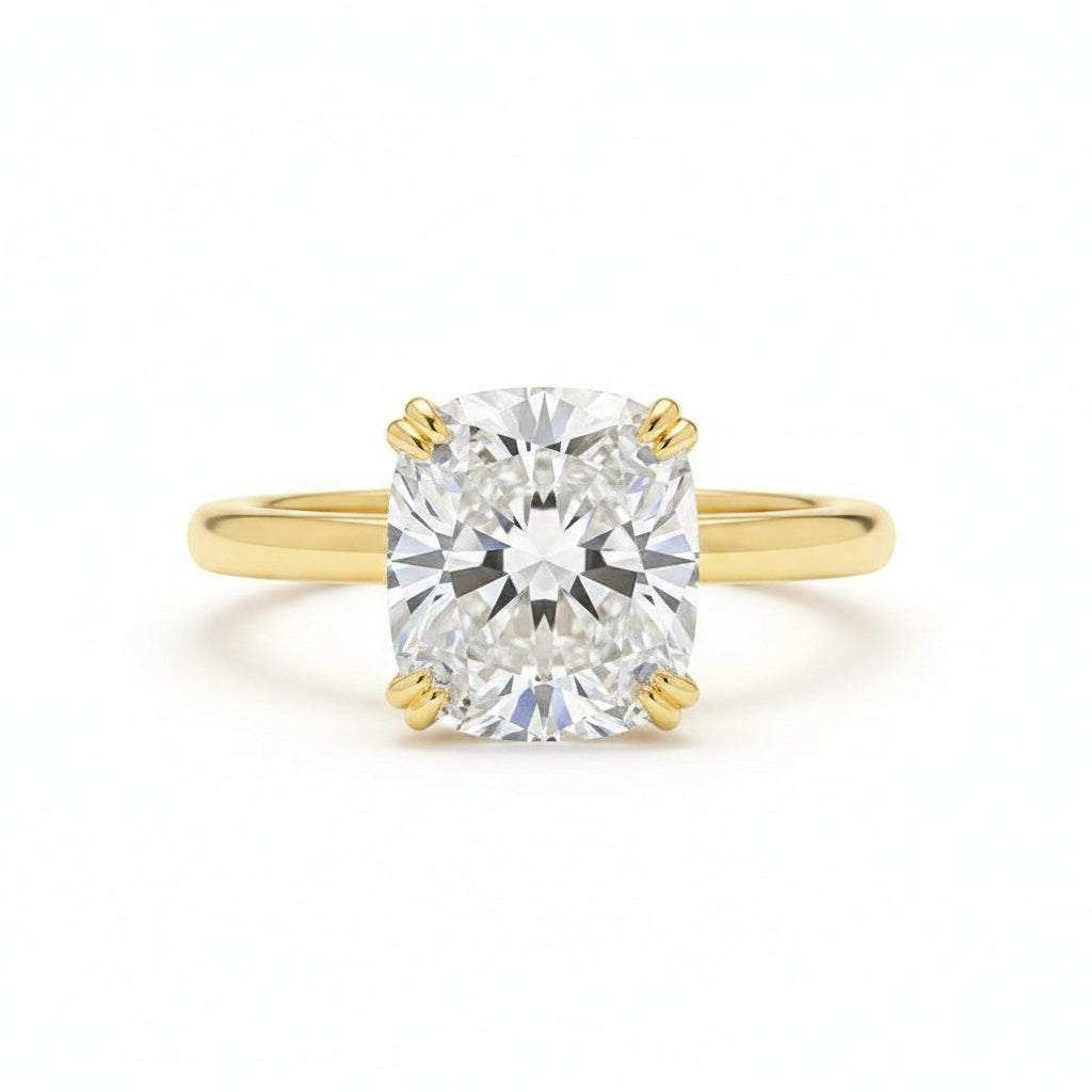 Aurevyn Moissanite 3.0 Ct Cushion Cut Solitaire Double Prongs Yellow Gold Promise Ring For Women