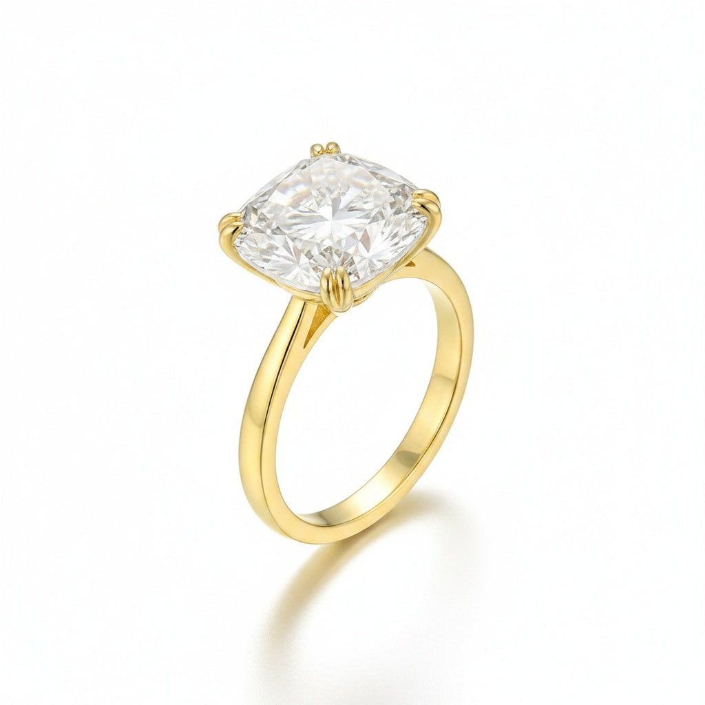 Aurevyn Moissanite 3.0 Ct Cushion Cut Solitaire Double Prongs Yellow Gold Promise Ring For Women