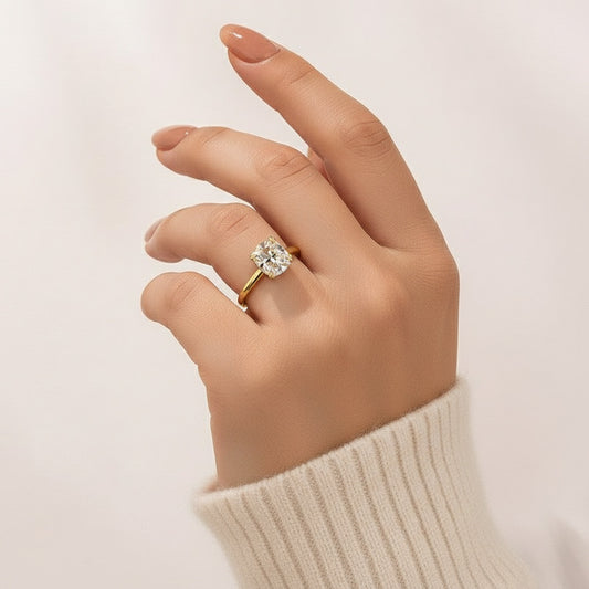 Aurevyn Moissanite 3.0 Ct Cushion Cut Solitaire Double Prongs Yellow Gold Promise Ring For Women