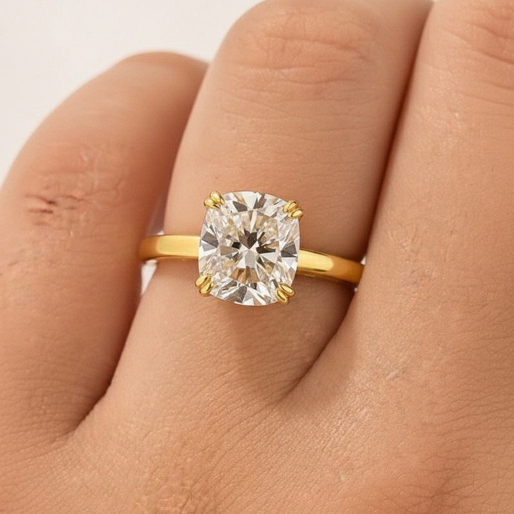 Aurevyn Moissanite 3.0 Ct Cushion Cut Solitaire Double Prongs Yellow Gold Promise Ring For Women