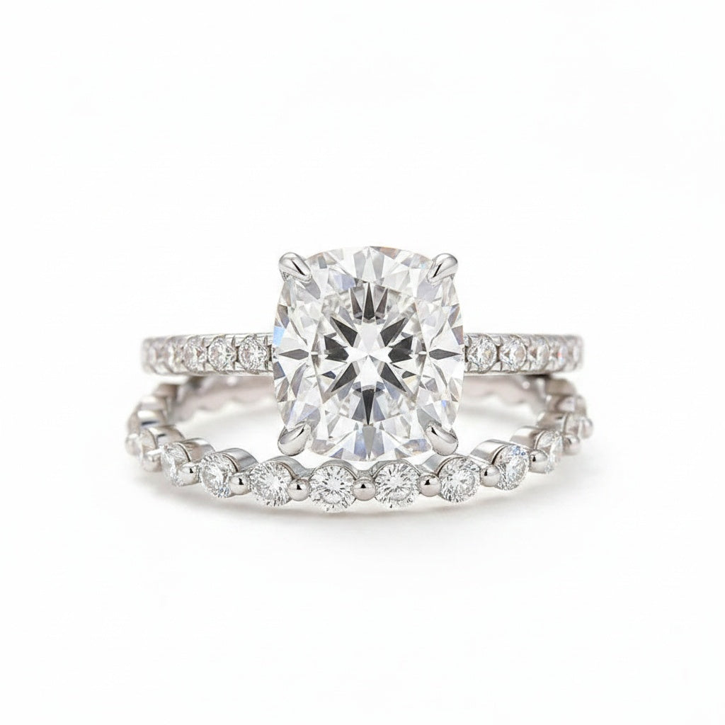 Aurevyn Moissanite 3.0 Ct Cushion Cut White Gold Bridal Ring Set