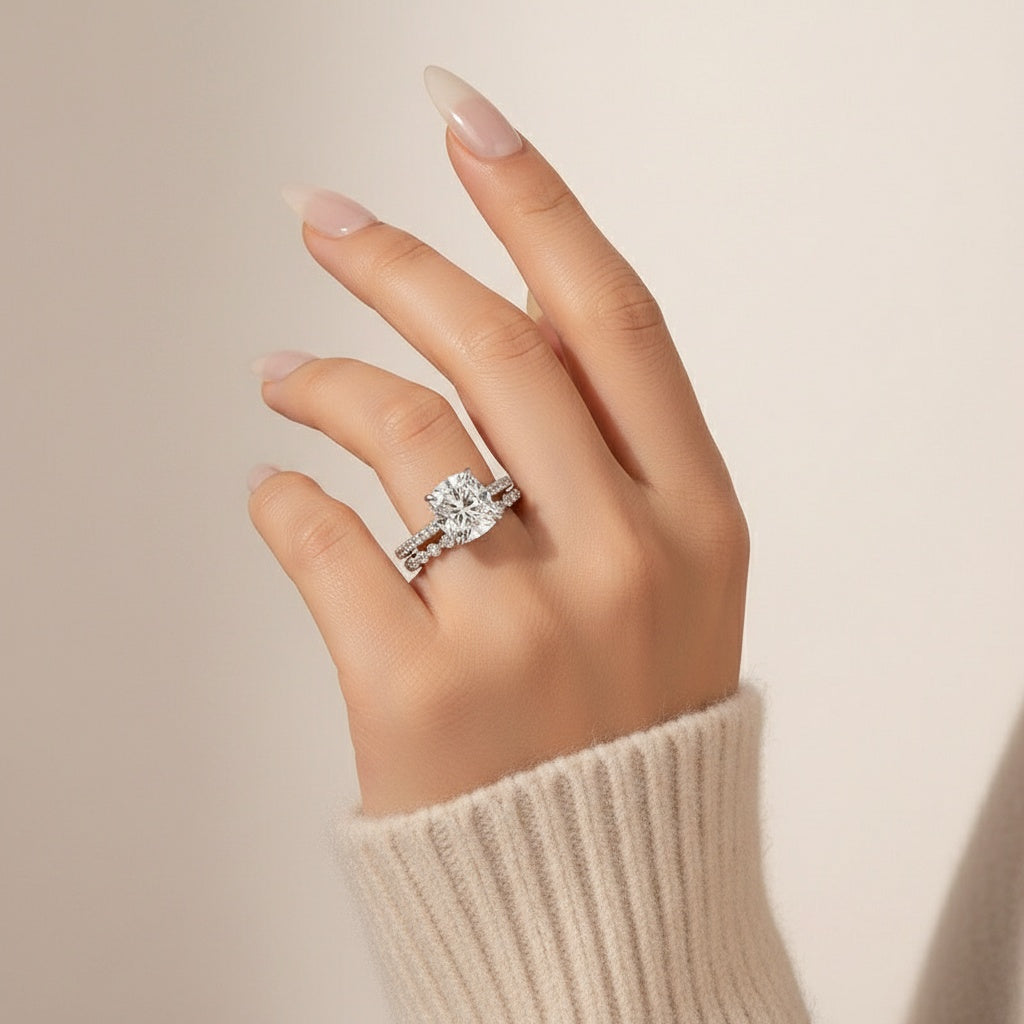 Aurevyn Moissanite 3.0 Ct Cushion Cut White Gold Bridal Ring Set