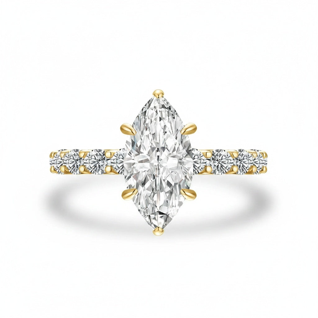 Aurevyn Moissanite 3.0 Ct Marquise Cut Side Stone Yellow Gold Engagement Ring