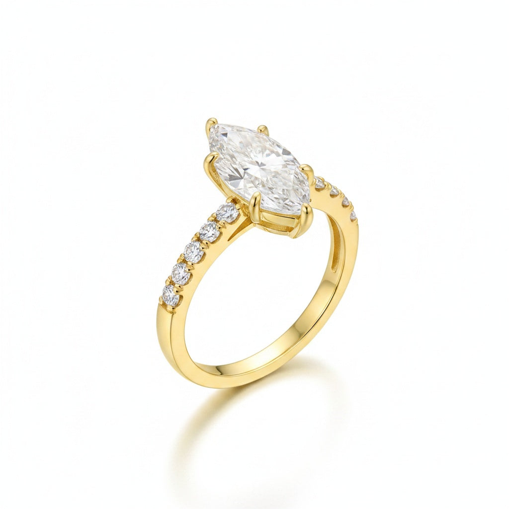 Aurevyn Moissanite 3.0 Ct Marquise Cut Side Stone Yellow Gold Engagement Ring