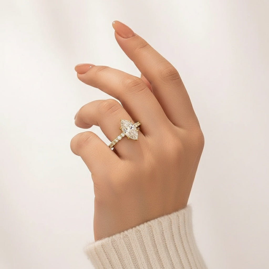 Aurevyn Moissanite 3.0 Ct Marquise Cut Side Stone Yellow Gold Engagement Ring