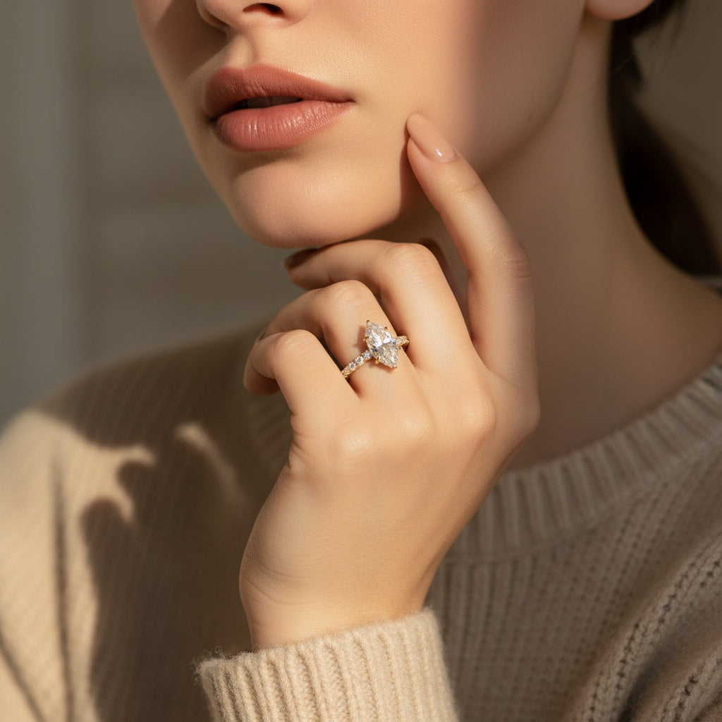 Aurevyn Moissanite 3.0 Ct Marquise Cut Side Stone Yellow Gold Engagement Ring