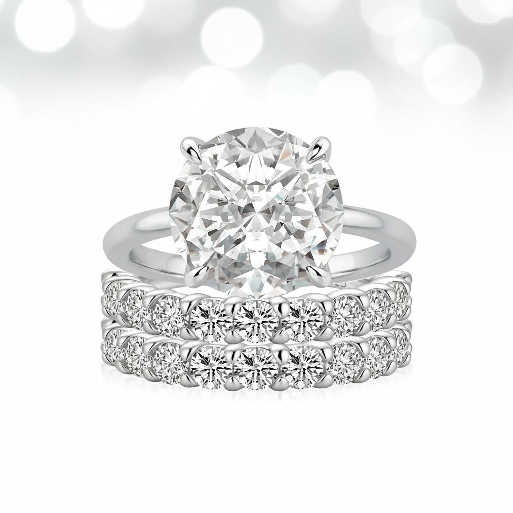 Aurevyn Moissanite 3.0 Ct Round Cut Engagement Ring with Half Round Cut Wedding Band