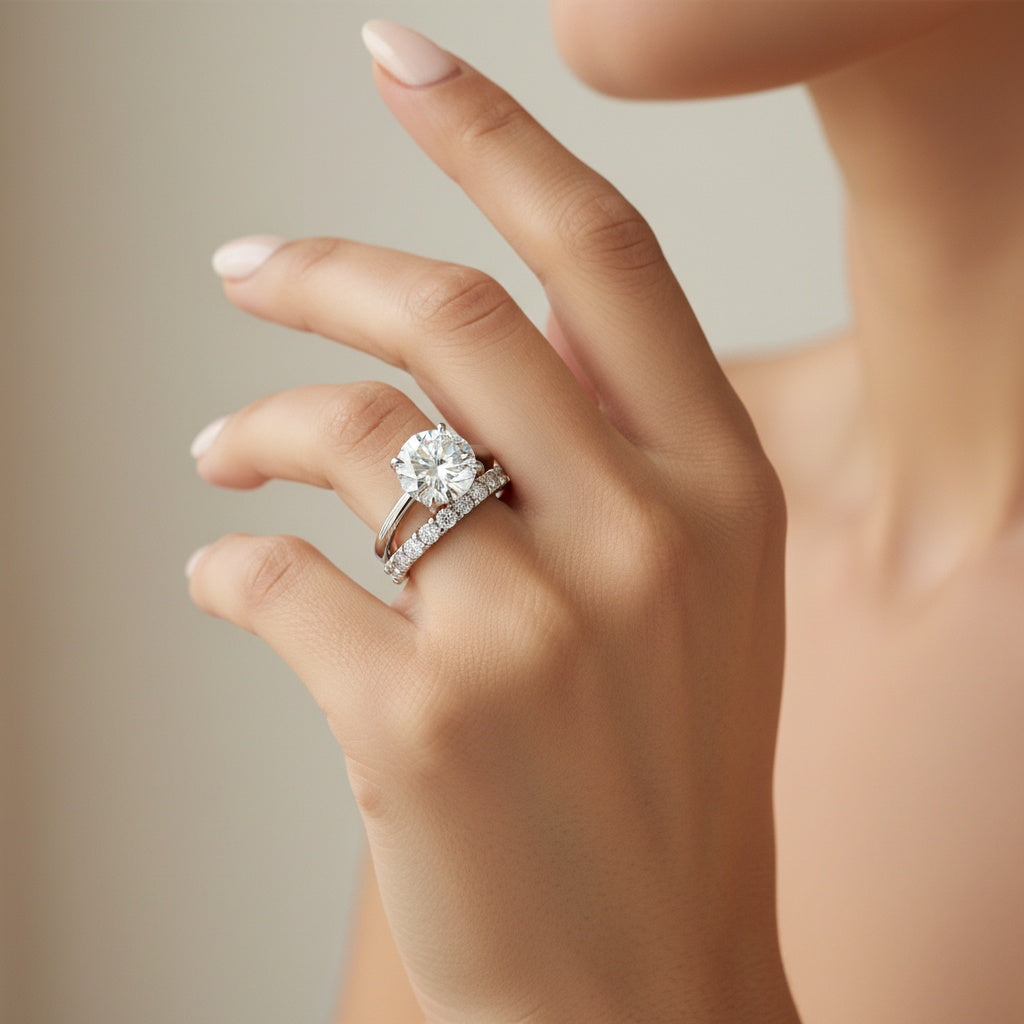 Aurevyn Moissanite 3.0 Ct Round Cut Engagement Ring with Half Round Cut Wedding Band