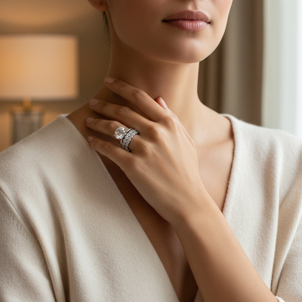 Aurevyn Moissanite 3.0 Ct Round Cut Engagement Ring with Half Round Cut Wedding Band