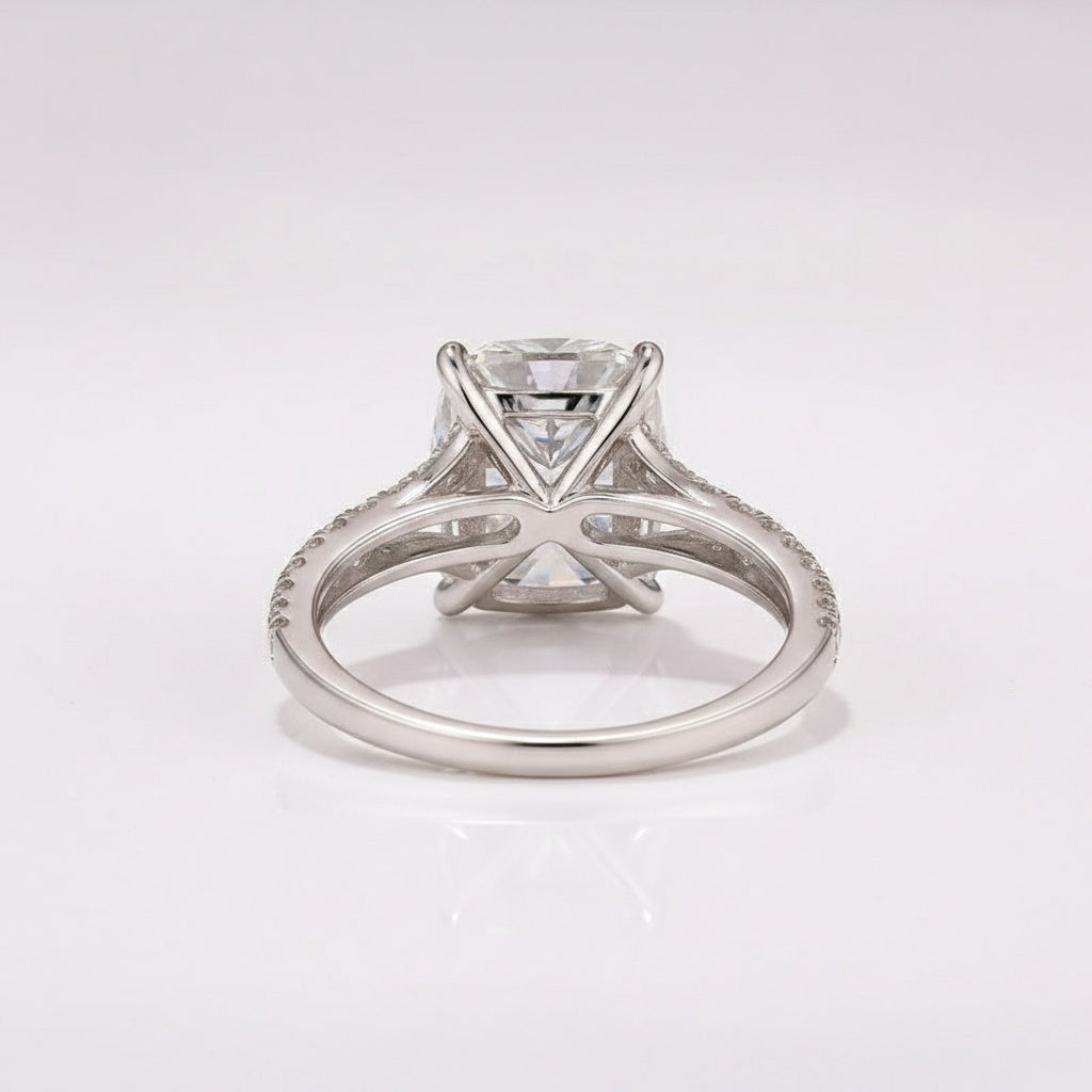 Aurevyn Moissanite 3.0Ct Cushion Cut Split Shank White Gold Engagement Ring