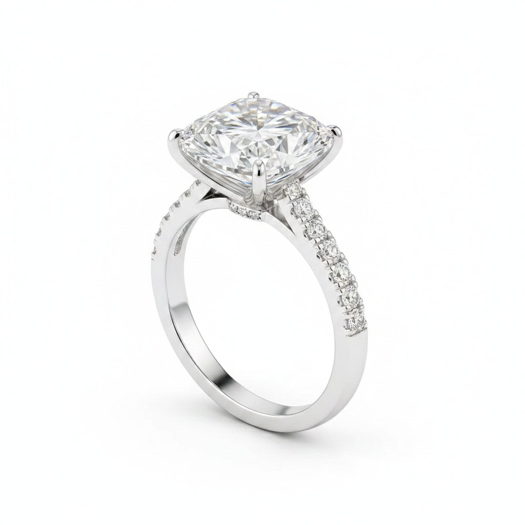 Aurevyn Moissanite 3.0Ct Cushion Cut Split Shank White Gold Engagement Ring