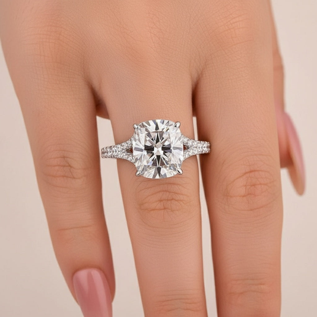 Aurevyn Moissanite 3.0Ct Cushion Cut Split Shank White Gold Engagement Ring
