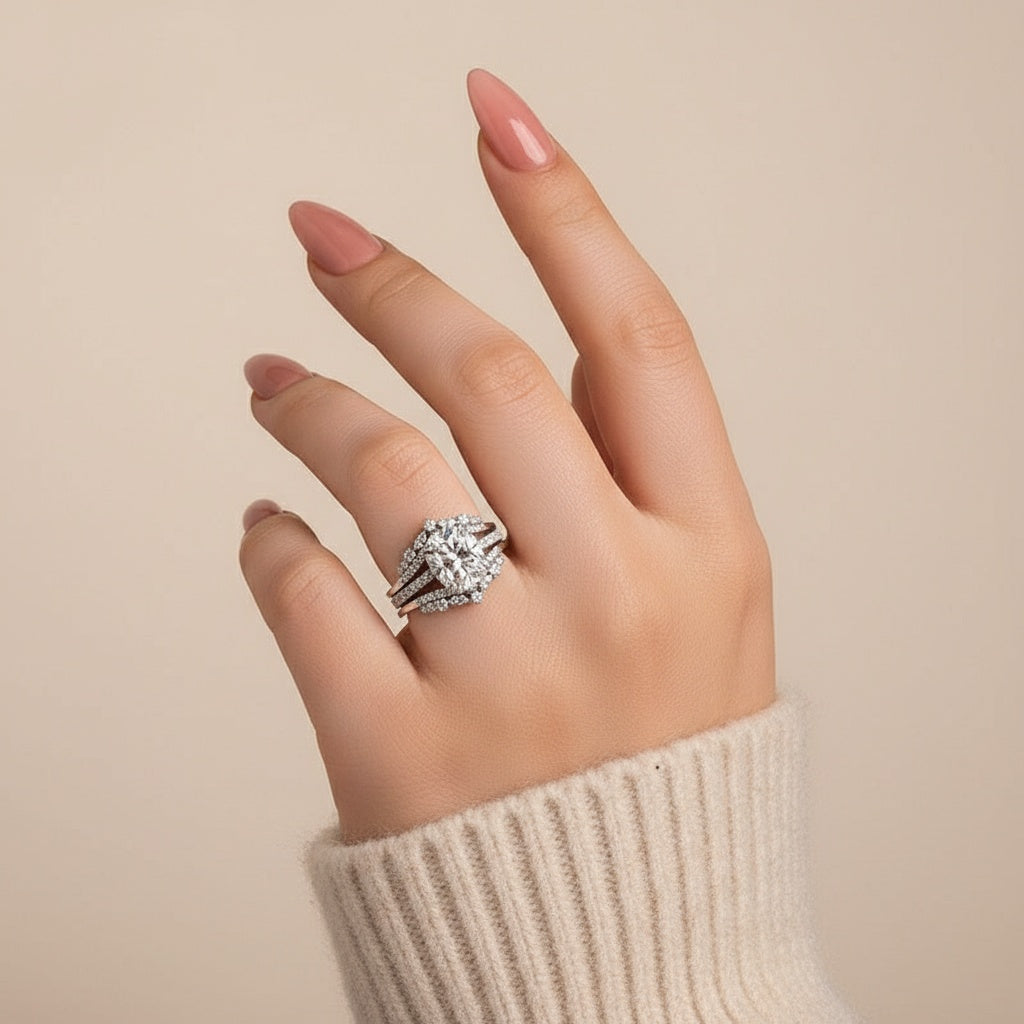 Aurevyn Moissanite 3.0Ct Cushion Cut White Gold Stack Wedding Ring with Jacket Wedding Band