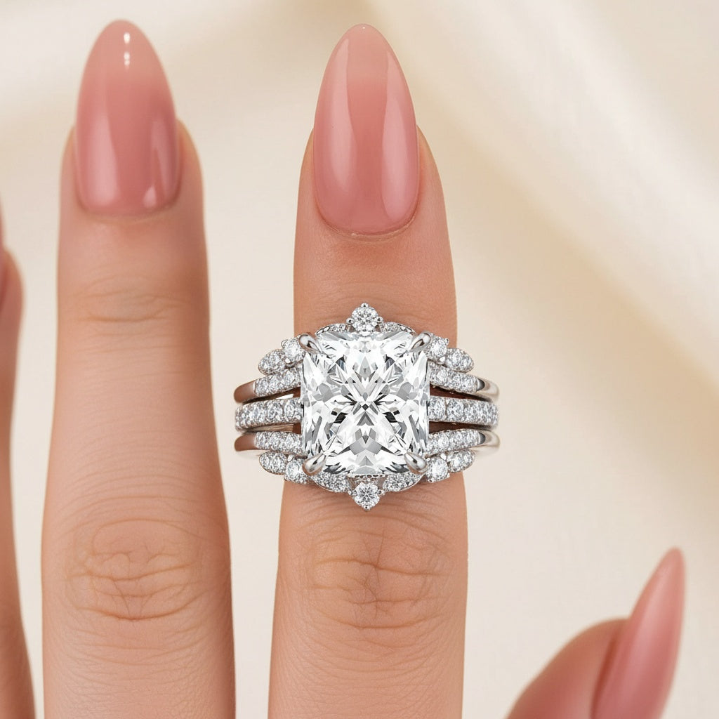 Aurevyn Moissanite 3.0Ct Cushion Cut White Gold Stack Wedding Ring with Jacket Wedding Band