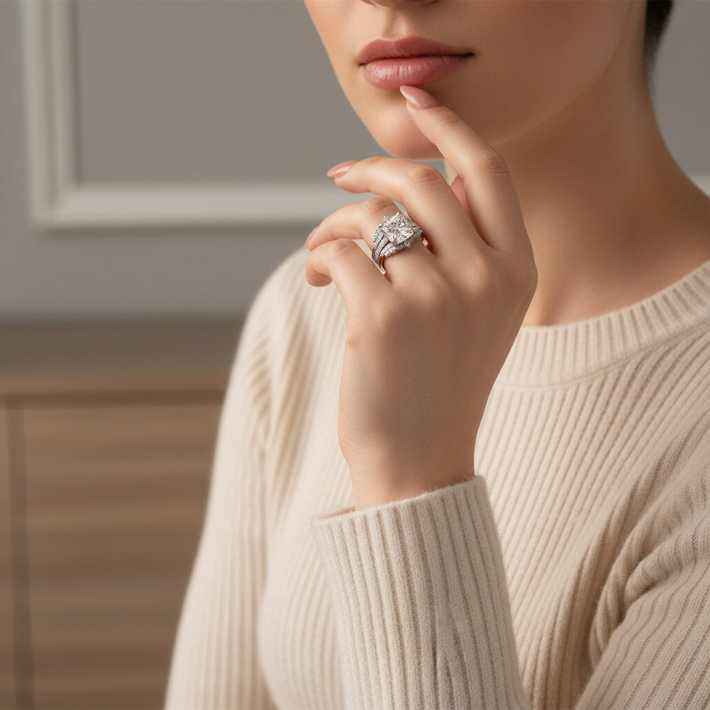 Aurevyn Moissanite 3.0Ct Cushion Cut White Gold Stack Wedding Ring with Jacket Wedding Band