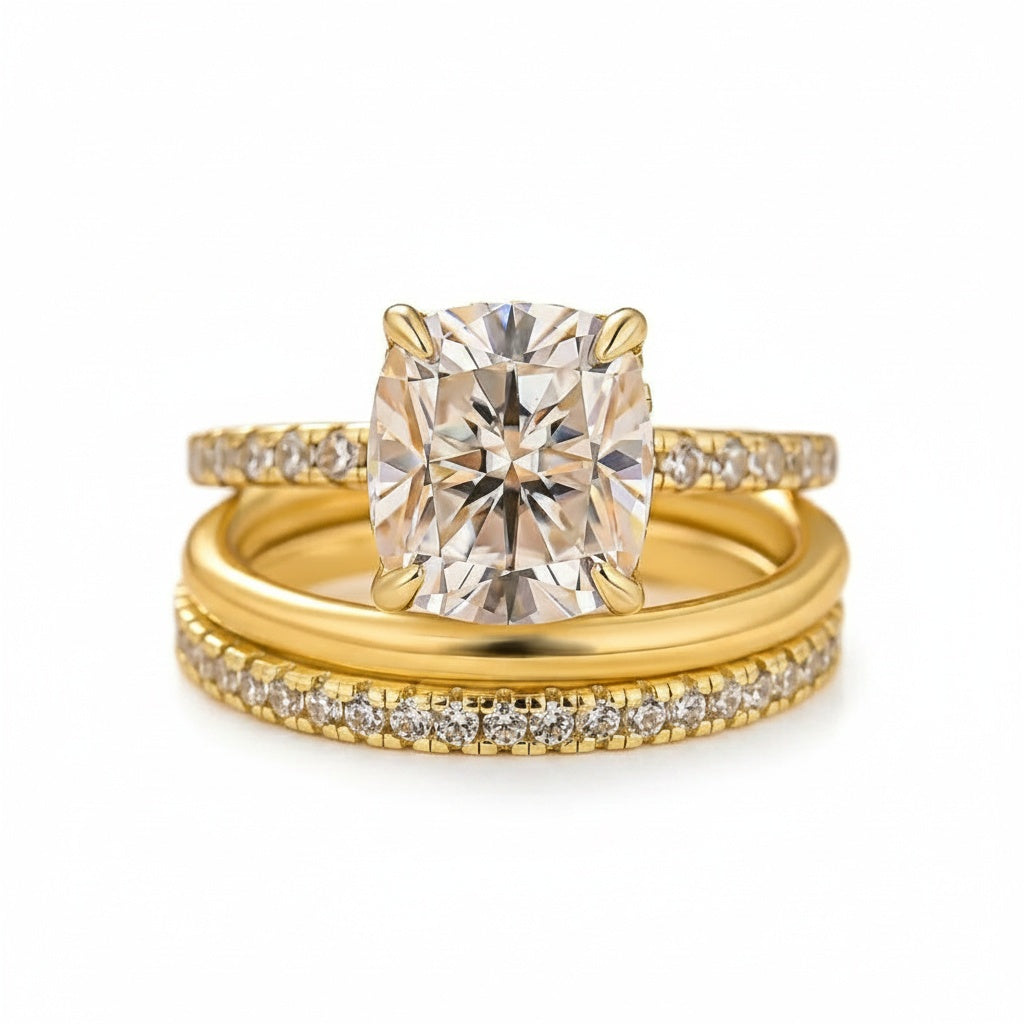 Aurevyn Moissanite 3.0Ct Cushion Cut Yellow Gold Travel Bridal Set