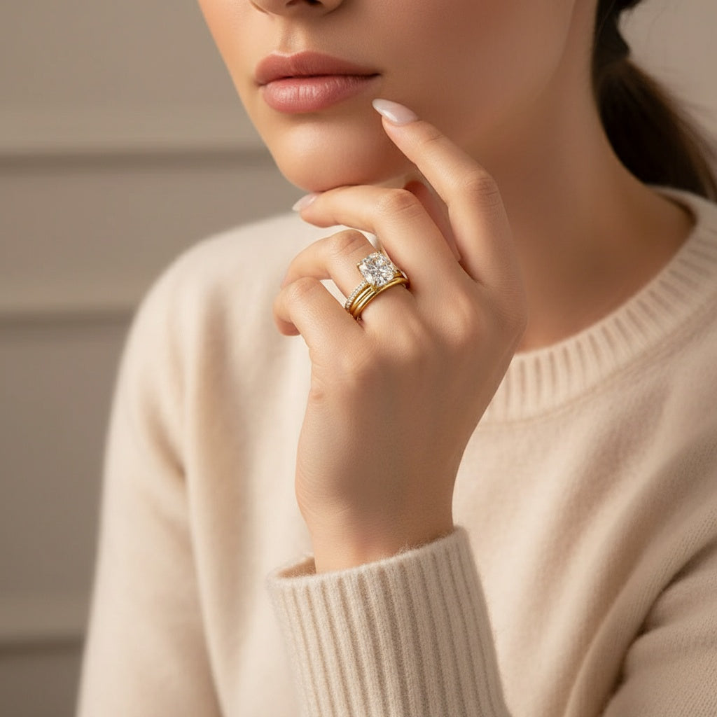 Aurevyn Moissanite 3.0Ct Cushion Cut Yellow Gold Travel Bridal Set