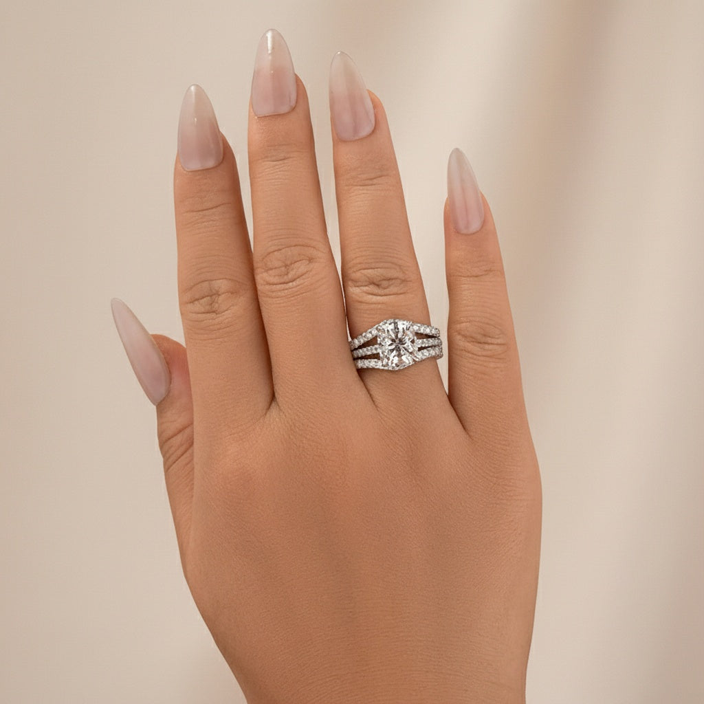 Aurevyn Moissanite 3.0Ct Cushion Cut/2.0Ct Princess Cut White Gold Wedding Ring with Enhancer Ring
