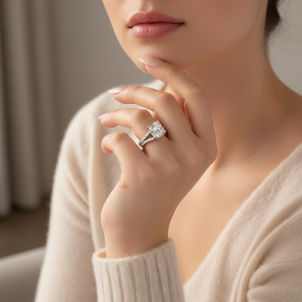 Aurevyn Moissanite 3.0Ct Cushion Cut/2.0Ct Princess Cut White Gold Wedding Ring with Enhancer Ring