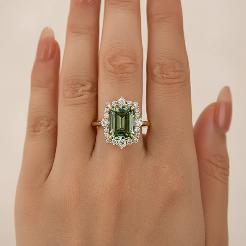 Aurevyn Moissanite 3.0Ct Halo Emerald Stone Emerald Cut Engagement Ring in Sterling Silver