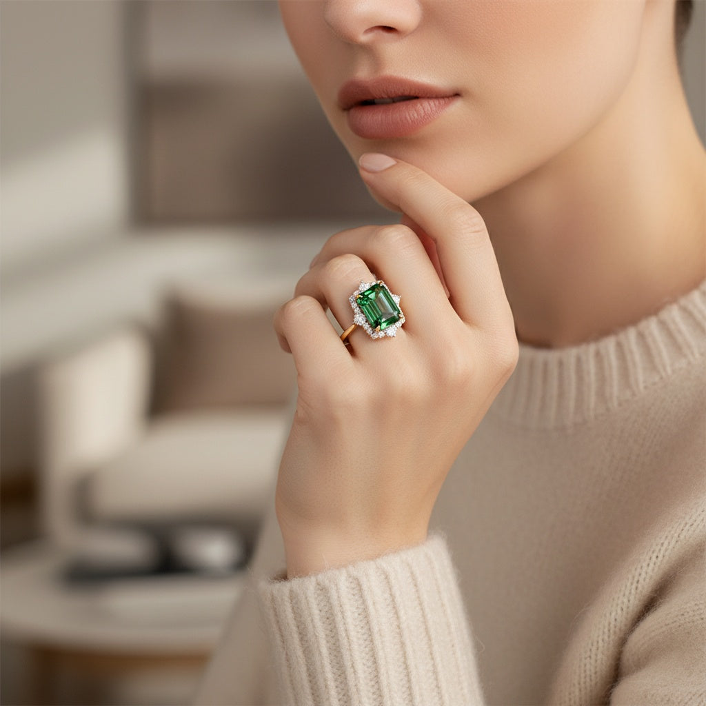Aurevyn Moissanite 3.0Ct Halo Emerald Stone Emerald Cut Engagement Ring in Sterling Silver