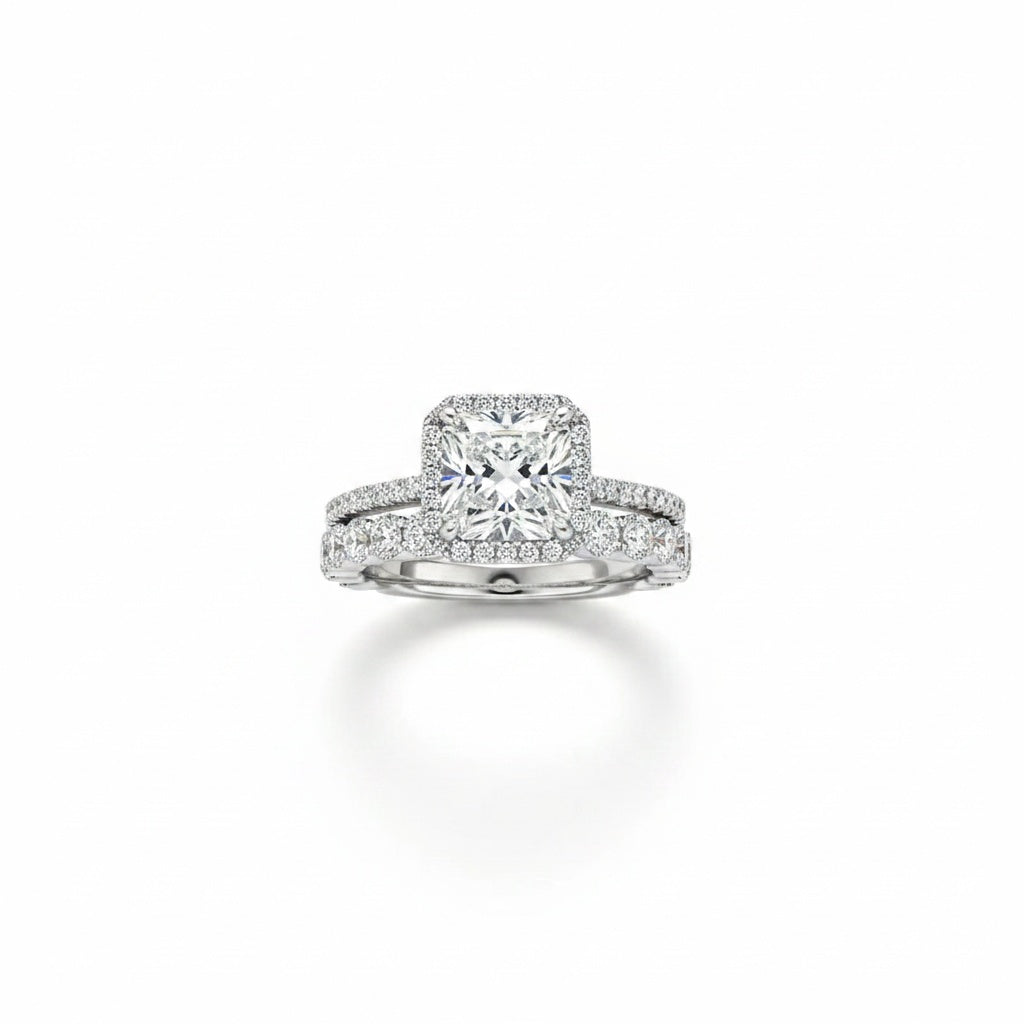 Aurevyn Moissanite 3.0Ct Halo Radiant Cut White Gold Wedding Ring with Oval Cut Wedding Band