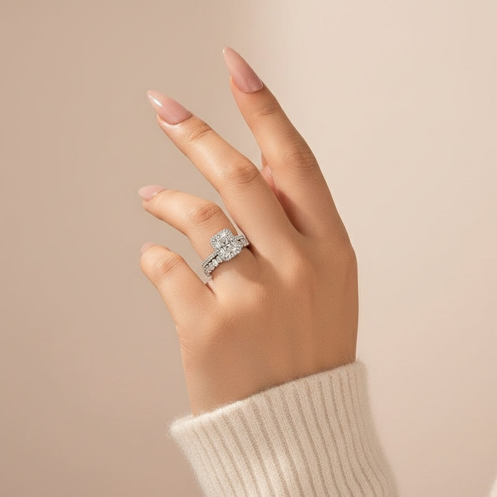 Aurevyn Moissanite 3.0Ct Halo Radiant Cut White Gold Wedding Ring with Oval Cut Wedding Band