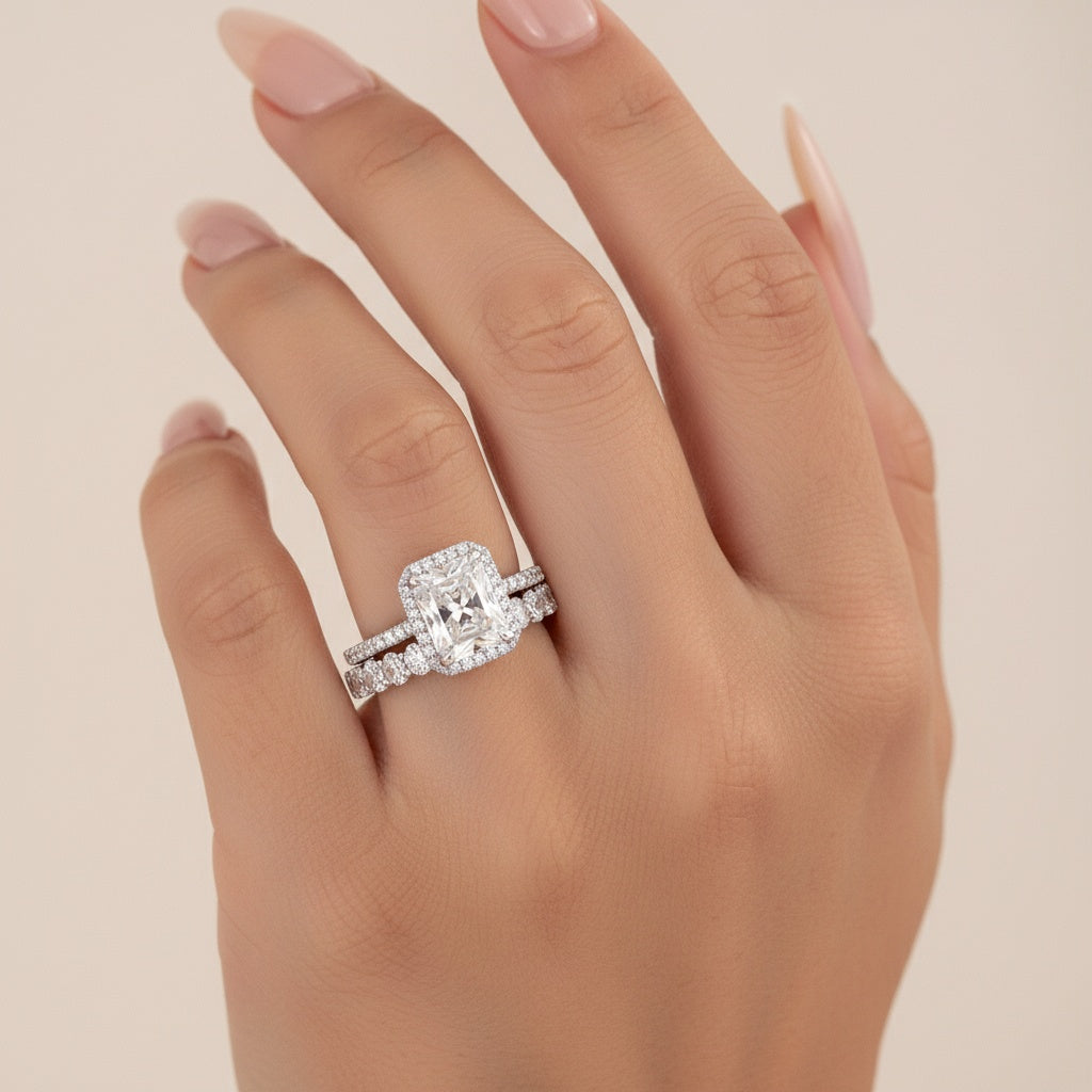 Aurevyn Moissanite 3.0Ct Halo Radiant Cut White Gold Wedding Ring with Oval Cut Wedding Band