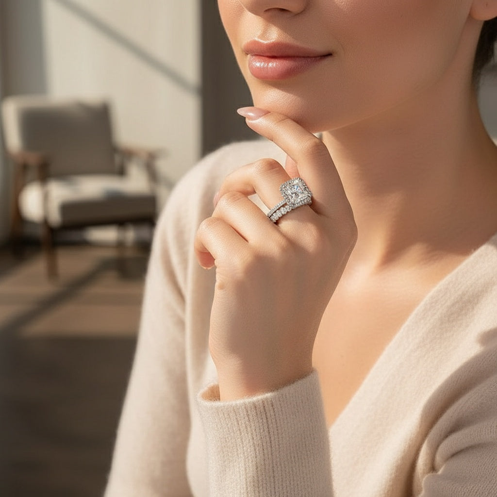 Aurevyn Moissanite 3.0Ct Halo Radiant Cut White Gold Wedding Ring with Oval Cut Wedding Band
