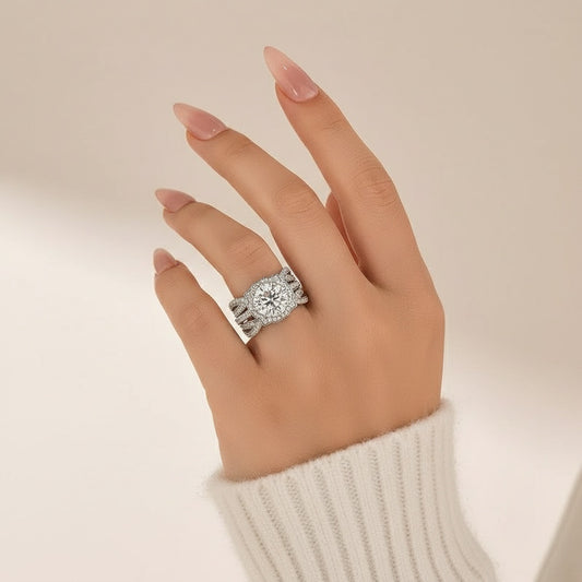 Aurevyn Moissanite 3.0Ct Halo Round Cut White Gold Stack Wedding Ring with Enhancer Wedding Band