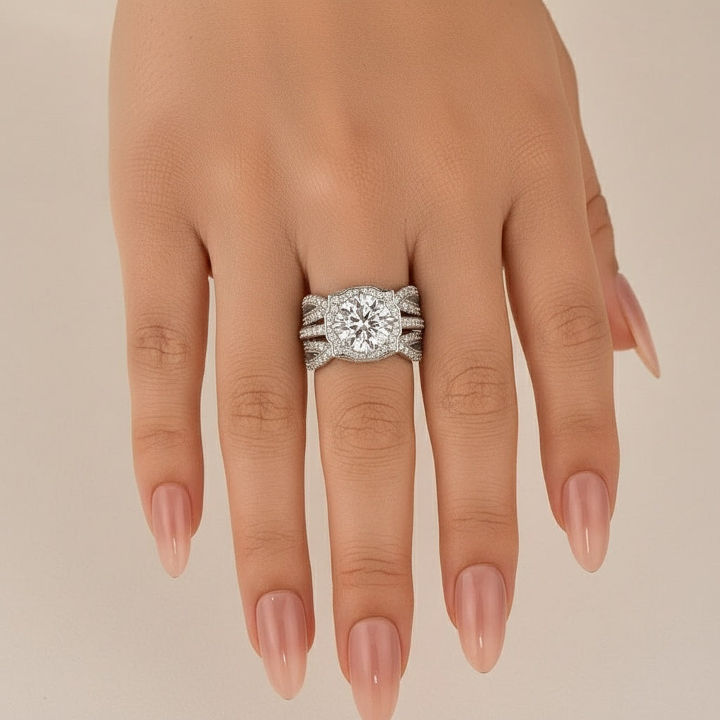 Aurevyn Moissanite 3.0Ct Halo Round Cut White Gold Stack Wedding Ring with Enhancer Wedding Band